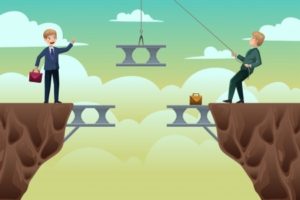 25243832 - a vector illustration of business concept of two businessmen trying to build a bridge in between cliffs
